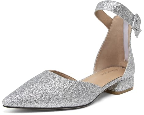 QiBusLeen Dam 2,5 cm låg tjock klack glitter skor dam stängd spetsig tå ankelrem pumps för kvinnor fest kontor dejt klänning skor, Glittrig silverfärg, 39.5 EU