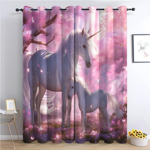 Srigzcaly Kinderzimmer Verdunkelungsvorhänge für Schlafzimmer & Wohnzimmer - 2 Stück 75x166cm (BxH), Sakura-Wald-Einhorn Ösen Vorhänge, Temperatur Halten und Lärmminderung, Rosa Polyester