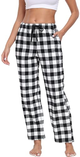 Pigiama Donna Morbido Pantaloni da Notte a Quadri con Tasche per Casa Dormire Yoga, Nero Bianco a quadretti, S