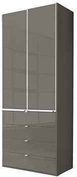 WIEMANN Drehtürenschrank mit 4 Schubkästen hochwertiger Kleiderschrank Schlafzimmerschrank 100cm breit, mit Schubladen, Glas Havanna, Höhe 216cm, Shanghai