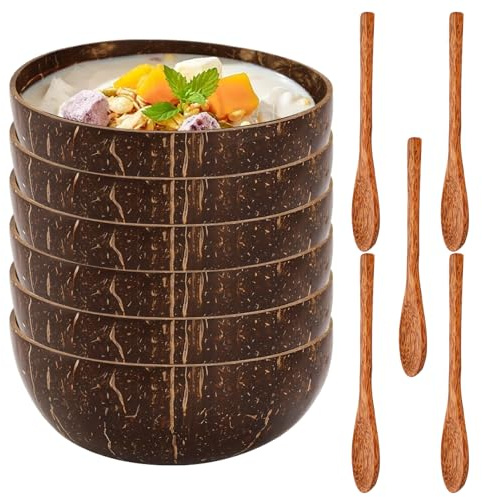 Les bols de cocotier et les ensembles de cuillères en bois comprennent 5 bols et 5 bols d'açai naturels à la cuillère à cocotier en huilage poli pour le lait, la salade, les, les végétaliens