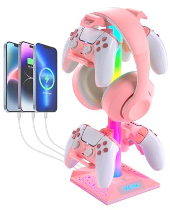 VCOM RGB Headset Halterung mit 2 USB- und 1 Typ-C-Anschluss (Rosa) | Gaming Zubehör Kopfhörer Ständer mit 10 Lichtmodi, Controller Halterung für PC Gamer Xbox PS5