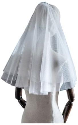YDHSIKK Brautschleier, Brautschleier for die Hochzeit, kurz, mit Rohkanten, Rouge, zweistufig, Schlichter Hochzeitsschleier mit Rouge, weicher Schleier for Frauen und Teenager-Mädchen