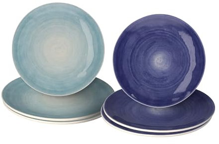 Keyhomestore -Juego de 6 platos llanos de cerámica (3 azules + 3 azules) con motivo decorativo, diámetro 28 cm, ideales para segundos y mesas elegantes