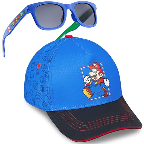 Super Mario Gorra Niño con Gafas de Sol Niño UV400 4-12 Años Set, Gorra Infantil de Verano con Gafas de Sol Niños, Gamer Regalos (Azul Mario Set)