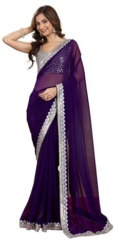 TRENDMALLS Women's Georgette Embroidery Sequin Work Saree with Unstitch Blouse Piece (K1139-Purple Silver)