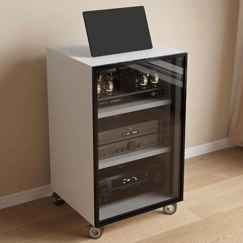 JIAOCKJIAO Phonoschrank, Beweglicher Audio Rack Hi Fi Regal, Record Player Stand mit Glastür, Hi Fi Rack mit Kabellöchern, Moderner TV-Schrank mit Verstellbaren Regalen(Wit,3 Tier 55x45x80CM)