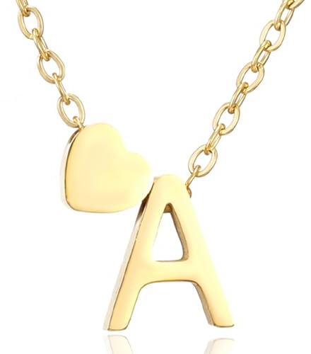 RWQIAN Damen A-Z Buchstaben Kette mit Herz Anhänger Gold/Roségold/Silber | Initialen Letter Halskette,Edelstahl Schmuck,Geschenke fur Frauen