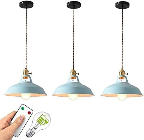OJXIER Iluminación Colgante para Isla de Cocina, Paquete de 3 Luces Colgantes Modernas, luz Colgante Que Funciona con batería con Bombillas remotas Recargables de 400 lúmenes (Color: Rosa) (Azul)