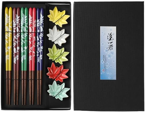 Set Regalo Di Bacchette, 5 Paia Di Bacchette Di Bambù Naturale Riutilizzabili Con Poggia Bacchette, Giapponesi Premium Posate Asiatiche(Foglia d'acero)