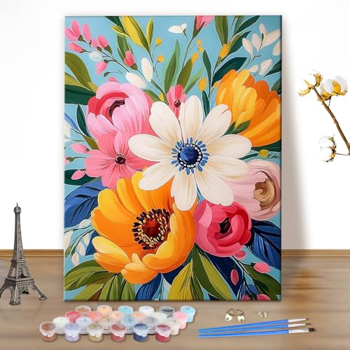 MEIYUDA Pintar por Numeros Adultos Flores en un jarrón, DIY Cuadro al óleo con Números para, Kit de Pintura al óleo Digital para Adultos de Lienzo, Decoración para el Hogar 40x50cm(sin marco)