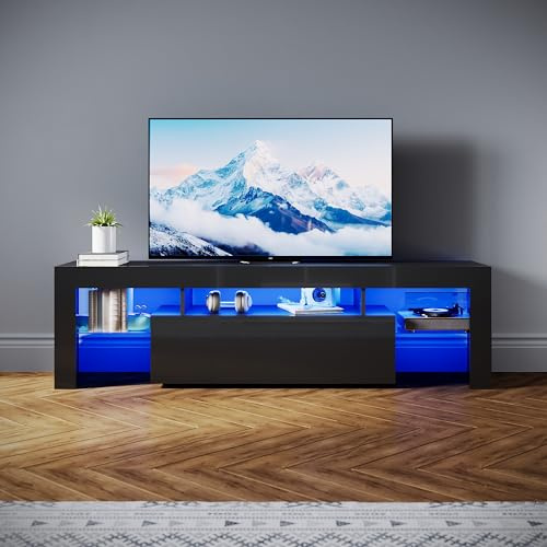 SONNI TV-skåp modernt 160 cm, lågbräda högglans svart med 16 färger LED-belysning, lådor, öppna glasgolv, TV-bord för TV upp till 65 tum vardagsrum och sovrum, 160 x 35 x 45 cm.