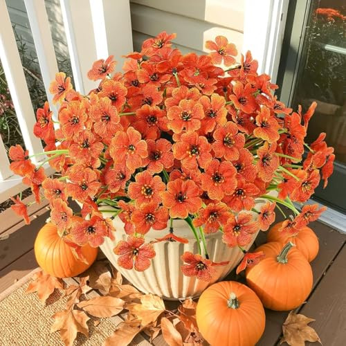 N&T NIETING Autumn Artificial Flowers Outdoor, 6 Bundles Fake Fall Flowers for Outside, Faux Plastic Autumn Plants for Home Garden Porch Vase Outside Wedding Autumn Decor(Orange)