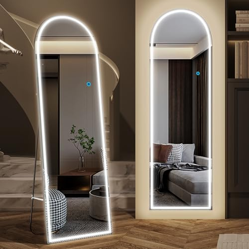 LVSOMT Bogen Ganzkörperspiegel mit Beleuchtung, LED Standspiegel, Weiß | Moderne Wandspiegel, 153x50cm Rahmenloser Ganzkörperspiegel, lehnend an die Wand, Aufstellspiegel für Schlafzimmer Wohnzimmer