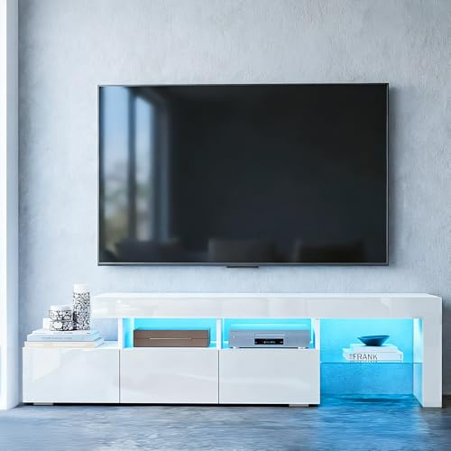 TV Stand Cabinet with LED Lights, White High Gloss TV Unit with 3 Drawers | 2 Open Shelves, 1 Glass Shelf, LED TV Stand Entertainment Center, Gaming TV Cabinet for Living Room Bedroom