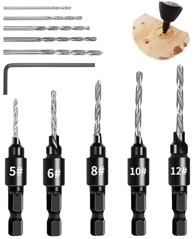 5 Pièces Forets à Chanfreiner, Jeu de Forets Coniques Hexagonale 1/4 Changement Rapide Fraises Tige Réglable Remplaçables Ensemble de Foret pour Bois (#5/#6/#8/#10/#12)