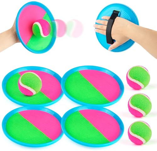 Toss and Catch Ball Set with 4 Paddles and 4 Balls for Kids Ages 3 and Up, Classic Velcro Ball and Catch Game for Garden Games, Outdoor Toys, Beach Games and Family Fun