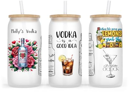 Personalised Frosted Glass Tumbler, 500ml, with Lid and Straw, Cocktail Design Collection, Birthday Gift (Vodka)