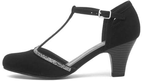 Lilley Womens Black Diamante T-Bar Court Shoe - Size 8 UK - Black