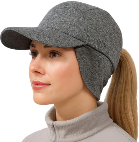 TOP-EX Damen Winter mütze mit Ohrenklappen wasserdicht Women Beanie Hat Pferdeschwanz Baseball Cap Schirm Running Basecap Big Kopf Fleece Reflektierend M Grau