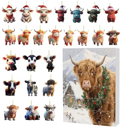 Julens adventskalender med Highland ko 2D akryl djur charmberlocker i form