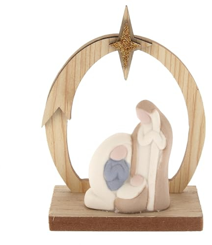 SHALOM - Decorazione Natalizia Natività in Porcellana E Legno. Dimensioni 12,8 X 10 Cm