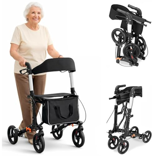 BAKAJI Deambulatore Richiudibile Salvaspazio con Seduta per Anziani, Disabili e Persone con Mobilità Ridotta, Walker con Borsetta e Maniglie Ergonomiche, Assistenza con Freni e Altezza Regolabile