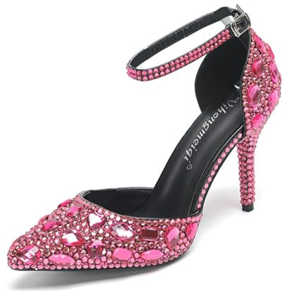 Générique Femmes Bride À La Cheville Chaussures De Mariage avec Boucle Bout Pointu Escarpins De Mariée avec Strass Talon Aiguille Hauts Chaussures De Robe De Bal De Fête,Fuchsia,35.5 EU
