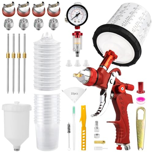 HVLP Fließbecher Lackierpistole Spritzpistole mit 650 ML Mischbecher & 10 Einwegbechern, 1,4/1,7/2,0/2,5 mm Düsen Lackierpistole für Hausanstriche, Autos, Möbel, Zäune, Lacke & Decklacke
