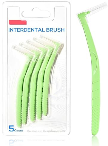 DAFNE 5 pezzi Spazzola ad angolo interdentale, scovolini dentali, rimozione placca, pulizia facile ed efficiente tra i denti, filo interdentale per piccoli spazi vuoti, verde, 0,6 mm