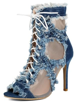 Generico Donna Denim Frange Mesh Stiletto Stivaletti Punta Aperta Lacci Caviglia Stivaletti Sottile Tacco Alto Retro Cerniera Chiusura Abito Stivaletti,Blu,41 EU