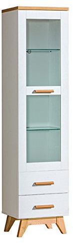 Mirjan24 Vitrine Sven SV04, Standvitrine im skandinavischen Stil, Glasvitrine mit 2 Schubladen, Vitrinenschrank, Hochschrank, Wohnzimmer (Andersen Kiefer/Nash Eiche, ohne Beleuchtung)