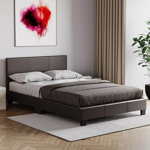 Vida Designs Lisbon Small Double Bed, 4Ft Bed Frame Upholstered Faux Leather Headboard Low Foot End Bedroom Furniture, Brown (UKFR Certified)