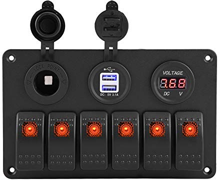 12 V 24 V 6 Gang Auto Boot Marine Caravan LED Wippschalter Panel Dual USB Voltmeter Zigarettenanzünder Wasserdichte Wippschalter Panel(Orange)