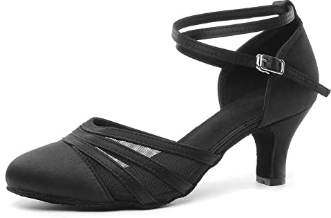 DKZSYIM Women's Latin Ballroom Dance Shoes Close Toe Character Modern Tango Salsa Performance Dancing Shoes,YCL189-Black-6,US 9