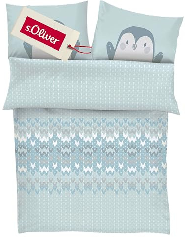 s.Oliver Kinderbettwäsche 100x135 cm Pinguin - 100% Baumwolle, Babybettwäsche für Mädchen & Jungen, praktischer Reißverschluss, maschinenwaschbar, Mako Satin Bettwäsche für Kinder 2tlg. hellblau