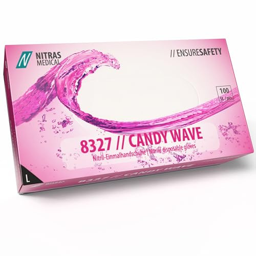 Nitras 8327 CANDY WAVE unsterile medizinische Nitril-Einmalhandschuhe Farbe pink, 100 Stück im Spenderkarton, latexfrei & puderfrei, Touchscreen kompatibel (L)