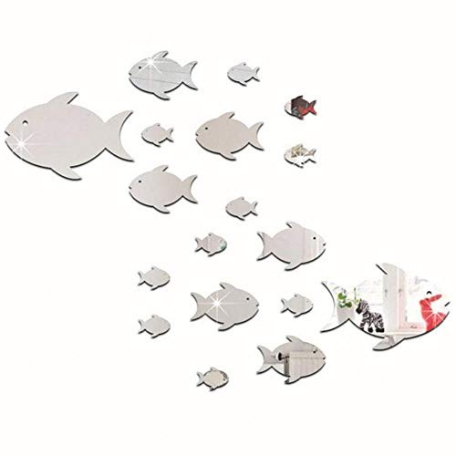 Haofy Adesivo impermeabile Specchio da bagno Adesivo fai da te Scuola Pesce Decorazione artistica Adesivo da parete Camera da letto Soggiorno Sfondo (Argento) (2)