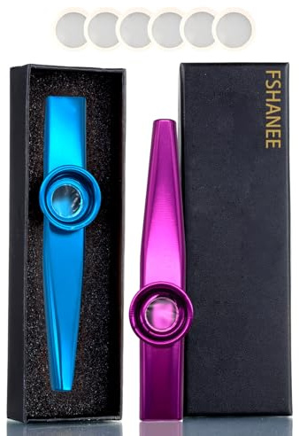 FSHANEE 2 Packs Kazoos Music Instruments (Blue, Purple) with 6 Pcs Membrane Flutes Diaphragm All In A Gift Box