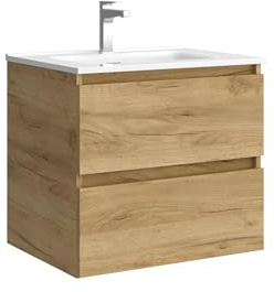 Mueble de baño Bequia 70 cm con Lavabo 100% montado de fábrica | Acabado Roble suspendido 2 cajones Cierre amortiguado Apertura con uñero | Lavabo Porcelana Blanca | Salgar