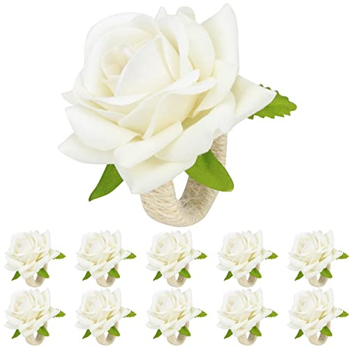 HuaLiSiJi Servilleteros de Flores Anillos Servilletas, Elegantes Decoraciones de Mesa Para Bodas, San Valentín, Banquetes, Navidad, Cumpleaños, Acción de Gracias (10 Piezas Blanco)