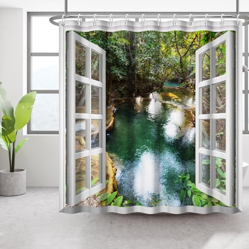 Bovlleetd Tenda da Doccia 152x183cm Disegno Finestra Aperta Paesaggio Naturale di Foresta Tropicale Fiume Turchese, Impermeabile Lavabile in Poliestere Tende da Bagno con 10 Ganci per Vasca da Bagno