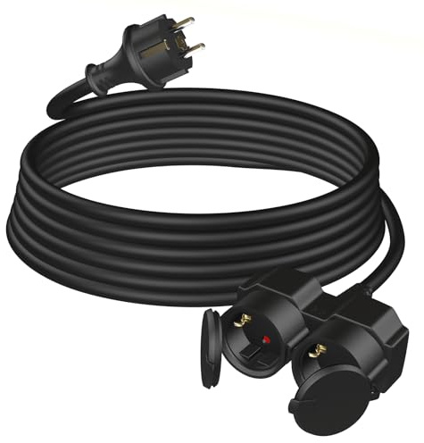 Verlängerungskabel Outdoor 2m mit 2 Schuko-Steckdosen, Gummi Doppel-Verlängerung 3500W mit Schutzkappe für den Außenbereich IP44, Stromkabel H05RR-F 3G1,5mm² mit Doppelsteckdose, 16A/250V, Schwarz