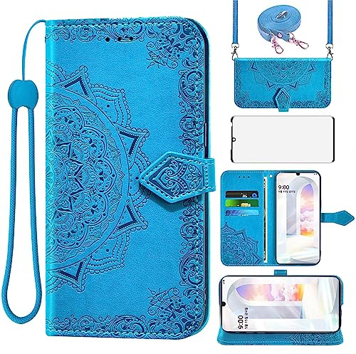 Asuwish Handyhülle für LG Velvet 5G/4G Hülle mit Band und Glas Folie Schutzfolie Kartenfach Klappbar Leder Geldbörse Ständer LMG910EMW LM-G910EMW Handy Hüllen Mandala Schutzhülle Cover Phone Case Blau
