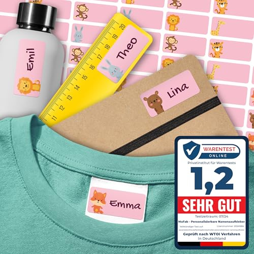 Namensaufkleber für Kinder (54 Stk. 30x13 mm) - Wasserfeste Namensschilder für Kleidung, Textilien und Gegenstände - Optimal für Kita, Kindergarten und Schule - Schöne Motive personalisierbar