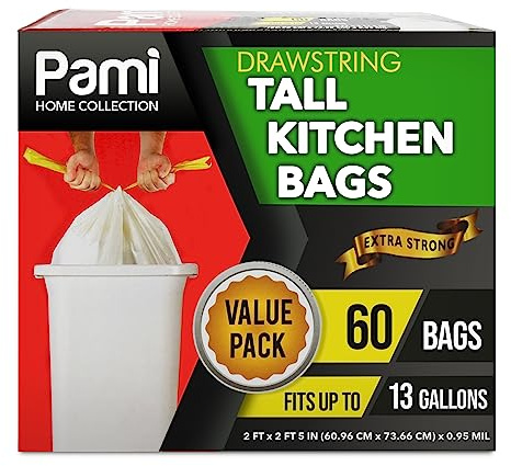 PAMI Bolsas de basura altas con cordón para cocina de 13 galones [paquete de 60 – Blanco] – Bolsas de basura de plástico extrafuertes – Bolsas de basura gruesas para cocina, baño y contenedores al