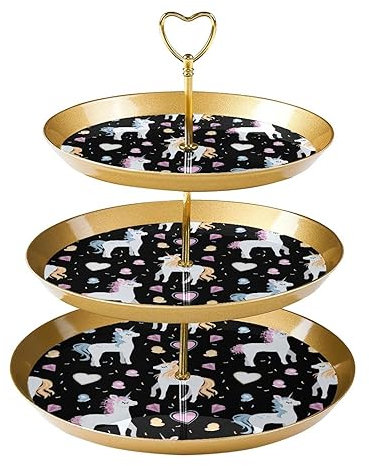 3-Tier Cupcake Stand Cake Holder, Cute Unicorns with Hearts and Butterflies Reusable Serving Tray Pastry Display Tower for Birthday Baby Shower Tea Party