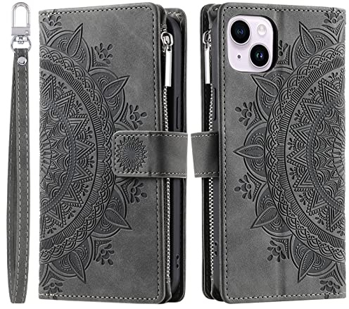 VEEMOS Handyhülle für iPhone 15 hülle Klappbar Blumen Handytasche Schutzhülle Klapphülle mit Kartenfach Handy Tasche Book Cover Flip Case Ständer - Grau
