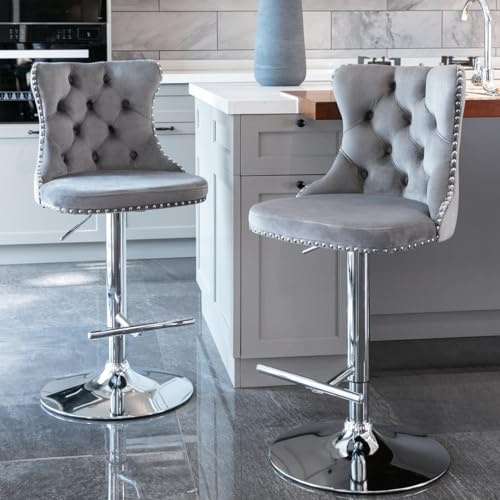 HomeTouch Set of 2 Luxury Velvet Barstools, Elegant Swivel Design with Adjustable Height for Kitchen Breakfast Bar and Counter Seating or Lounge Space (2, Grey Velvet)