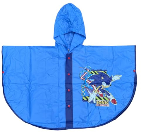 CARTOON Cape de pluie Sonic veste imperméable pour enfants poncho avec capuche et fermeture à boutons, bleu, 10 ans